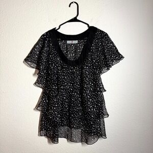 Avenue Studio Layered Top Womens Black White Sheer Polka Dot Flutter Sleeves